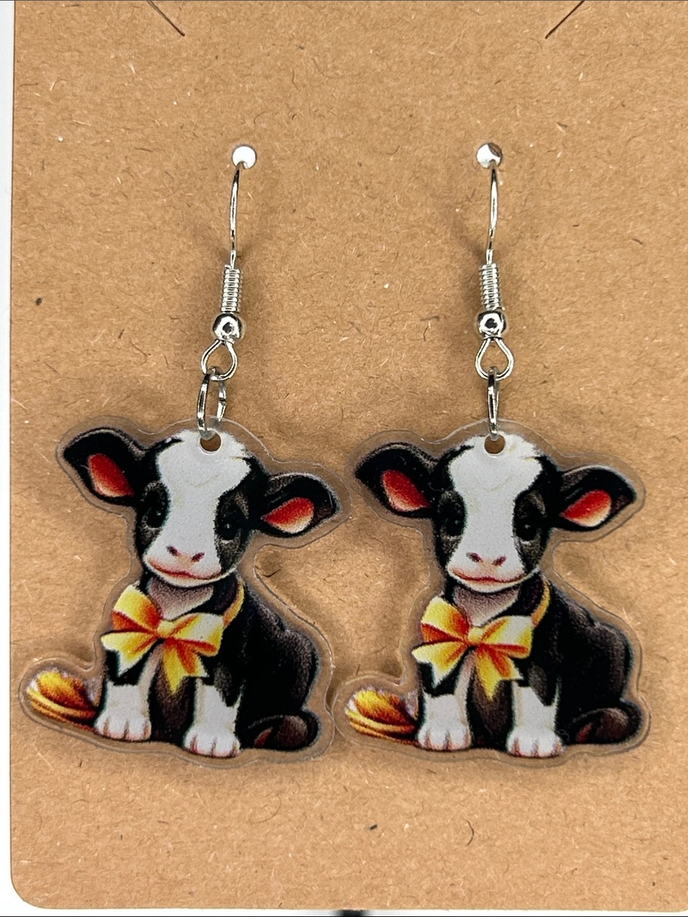 Cute Black & White Calf Earrings with Yellow Bow Fashion Jewelry
